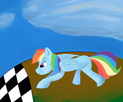 Size: 4122x3435 | Tagged: safe, artist:guatergau5, rainbow dash, pegasus, pony, g4, clothes, cloud, grass, race, sky, traditional art