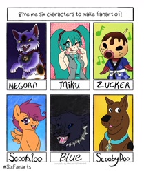Size: 1080x1290 | Tagged: safe, artist:sweettreatart, scootaloo, cat, dog, great dane, human, octopus, pegasus, pony, anthro, g4, animal crossing, anthro with ponies, blushing, clothes, collar, crossover, female, filly, hatsune miku, licking, licking lips, male, mask, one eye closed, scooby-doo, scooby-doo!, six fanarts, smiling, spiked collar, tongue out, vocaloid, wink, wolfs rain