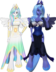 Size: 1407x1814 | Tagged: safe, artist:monstermaster13, princess celestia, princess luna, anthro, unguligrade anthro, g4, 3d, duo, human facial structure, royal sisters, simple background, transparent background