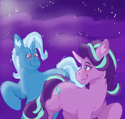 Size: 1280x1220 | Tagged: safe, artist:kittycoot, starlight glimmer, trixie, pony, unicorn, g4, blushing, chest fluff, curved horn, female, horn, lesbian, night, night sky, raised hoof, ship:startrix, shipping, sky, smiling, stars