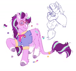 Size: 1701x1602 | Tagged: safe, artist:kittycoot, starlight glimmer, pony, unicorn, g4, alternate design, alternate hairstyle, clothes, cloven hooves, female, glasses, hairband, leonine tail, lesbian pride flag, ponytail, pride, pride flag, shirt, simple background, solo, tail ring, white background