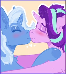 Size: 1156x1282 | Tagged: safe, artist:kittycoot, starlight glimmer, trixie, pony, unicorn, g4, blushing, duo, eyes closed, female, first kiss, heart, kiss on the lips, kissing, lesbian, mare, orange background, ship:startrix, shipping, simple background