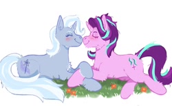 Size: 1280x792 | Tagged: safe, artist:kittycoot, starlight glimmer, trixie, pony, unicorn, g4, blushing, eyes closed, female, flower, grass, holding hooves, lesbian, lying down, nuzzling, ship:startrix, shipping