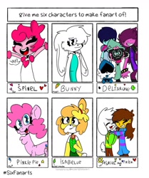 Size: 1080x1290 | Tagged: safe, artist:xaly_catx, pinkie pie, dog, earth pony, gem (race), goat, human, pony, rabbit, anthro, g4, spoiler:steven universe, spoiler:steven universe: the movie, :d, animal, animal crossing, anthro with ponies, asriel dreemurr, bunny (piggy), chest fluff, clothes, crossover, default spinel, deltarune, female, frisk, gem, isabelle, male, mare, piggy (roblox), roblox, shih tzu, six fanarts, smiling, spinel, spinel (steven universe), spoilers for another series, steven universe, steven universe: the movie, undertale
