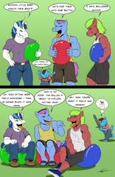 Size: 832x1280 | Tagged: safe, artist:beowulf100, shining armor, oc, oc:wolzard, earth pony, unicorn, wolf, anthro, digitigrade anthro, plantigrade anthro, g4, angry, balloon, balloon fetish, balloon popping, bully, bullying, clothes, commission, digital art, fetish, furry, horn, male, party balloon, popping, puppy, speech bubble, tail, text, this will end in pain, wooden sword