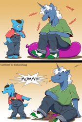 Size: 690x1024 | Tagged: safe, artist:beowulf100, pokey pierce, oc, oc:wolzard, unicorn, wolf, anthro, digitigrade anthro, plantigrade anthro, g4, balloon, balloon fetish, balloon popping, bully, bullying, clothes, comic, commission, crying, digital art, fetish, furry, horn, male, party balloon, popping, puppy, shoes, speech bubble, tail, text