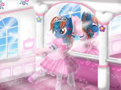 Size: 1600x1192 | Tagged: safe, artist:avchonline, oc, semi-anthro, arm hooves, ballerina, ballet, clothes, commission, crossdressing, dress, eyeshadow, femboy, girly, jewelry, makeup, male, mirror, pantyhose, puffy sleeves, reflection, room, stallion, tiara, window