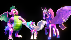 Size: 3840x2160 | Tagged: safe, artist:etherium-apex, princess flurry heart, spike, twilight sparkle, alicorn, dragon, pony, g4, 3d, absurd file size, high res, older, twilight sparkle (alicorn), winged spike, wings