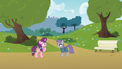 Size: 7680x4320 | Tagged: safe, anonymous artist, anonymous editor, artist:boneswolbach, artist:cloudy glow, artist:thisismyphotoshoppin, maud pie, sugar belle, earth pony, pony, unicorn, g4, absurd resolution, bench, bush, clothes, cloud, confrontation, duo, female, flower, mare, sky, tree, worried