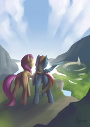 Size: 1024x1444 | Tagged: safe, artist:madgehog, fluttershy, rainbow dash, pegasus, pony, g4, butt, duo, female, looking back, mare, plot, ponified, scenery, tail, wings