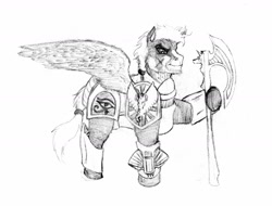 Size: 1280x972 | Tagged: safe, artist:hispurpleness, oc, oc:peregrine, pegasus, pony, armor, axe, battle axe, battle scarred, crossbow, eye of horus, monochrome, pegasus oc, ponytail, royal guard, royal guard armor, shoulder plates, weapon, wings