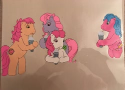 Size: 815x585 | Tagged: safe, clover (g1), melody, patch (g1), sweetheart, earth pony, pony, g1, my little pony tales, up up and away (episode), animation cel, bipedal, drink, drinking, female, mare, milkshake