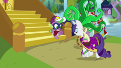 Size: 1920x1080 | Tagged: safe, screencap, mane-iac, rarity, spike, dragon, dragon dropped, g4, cart, clothes, comic book, cosplay, costume, school of friendship, twilight's castle, winged spike, wings