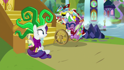 Size: 1920x1080 | Tagged: safe, screencap, mane-iac, rarity, spike, dragon, dragon dropped, g4, cart, clothes, comic book, cosplay, costume, school of friendship, twilight's castle, waterfall, winged spike, wings