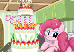 Size: 3508x2480 | Tagged: safe, artist:neoshrek, pinkie pie, earth pony, pony, g4, cake, female, food, high res, kitchen, mare, marzipan mascarpone meringue madness, smiling, solo