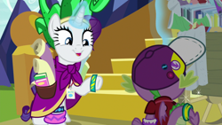 Size: 1920x1080 | Tagged: safe, screencap, mane-iac, rarity, spike, dragon, dragon dropped, g4, cart, clothes, comic book, cosplay, costume, twilight's castle, winged spike, wings