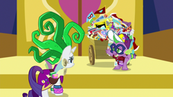 Size: 1920x1080 | Tagged: safe, screencap, mane-iac, rarity, spike, dragon, pony, unicorn, dragon dropped, g4, cart, clothes, comic book, cosplay, costume, twilight's castle, winged spike, wings