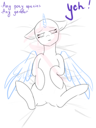 Size: 3024x4032 | Tagged: safe, artist:rainy105, earth pony, pegasus, pony, unicorn, bed, bedroom, commission, looking at you, solo, ych sketch, your character here