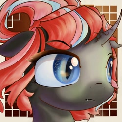 Size: 1248x1248 | Tagged: safe, artist:eris azure, oc, oc only, oc:staurora glitter, changeling, changeling queen, insect, g4, abstract background, blue eyes, cute, fangs, female, red mane, solo