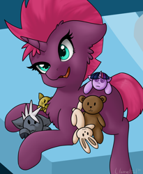 Size: 900x1100 | Tagged: safe, artist:llametsul, fizzlepop berrytwist, grubber, tempest shadow, twilight sparkle, pony, unicorn, g4, my little pony: the movie, blank flank, cute, ear fluff, female, filly, filly tempest shadow, happy, horn, plushie, pony plushie, signature, smiling, solo, teddy bear, tempestbetes, toy, twilight sparkle plushie, younger