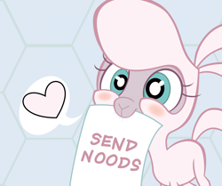 Size: 2000x1672 | Tagged: safe, artist:rich-jammer, pom (tfh), lamb, sheep, them's fightin' herds, adorapom, blushing, community related, cute, female, heart, holding sign, misspelling, send nudes, sign, solo
