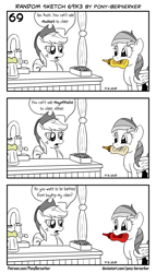 Size: 1320x2309 | Tagged: safe, artist:pony-berserker, applejack, rainbow dash, earth pony, pegasus, pony, pony-berserker's twitter sketches, g4, bits, cider, cider stand, comic, dialogue, duo, faucet, female, food, grayscale, halftone, hat, ketchup, mare, mayonnaise, monochrome, mouth hold, mustard, partial color, rainbow mustard, sauce, simple background, speech bubble, that pony sure does love mustard, white background