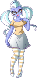 Size: 1633x3393 | Tagged: safe, artist:danmakuman, edit, sugarcoat, human, equestria girls, g4, alternate clothes, clothes, cute, female, glasses, high heels, looking at you, pantyhose, pigtails, shoes, simple background, skirt, skirt pull, smiling, solo, striped pantyhose, sugarcute, transparent background