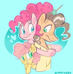 Size: 1280x1303 | Tagged: safe, artist:waackery, cheese sandwich, li'l cheese, pinkie pie, earth pony, pony, g4, the last problem, blue background, female, heart, male, older, older cheese sandwich, older cheesepie, older pinkie pie, ship:cheesepie, shipping, simple background, straight