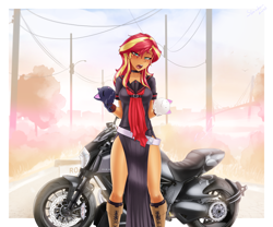 Size: 3072x2557 | Tagged: safe, alternate version, artist:slackerburst, sunset shimmer, equestria girls, g4, blushing, clothes, cosplay, costume, high res, lidded eyes, looking at you, motorcycle, multiple variants, okami-san, open clothes, open mouth