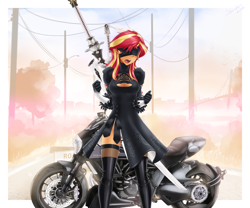 Size: 3072x2557 | Tagged: safe, alternate version, artist:slackerburst, sunset shimmer, equestria girls, g4, blindfold, blushing, breasts, cleavage, clothes, cosplay, costume, high res, motorcycle, multiple variants, nier, open clothes, open mouth, sword, weapon