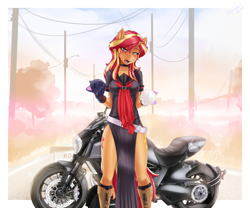 Size: 3072x2557 | Tagged: safe, alternate version, artist:slackerburst, sunset shimmer, anthro, equestria girls, g4, blushing, clothes, cosplay, costume, high res, lidded eyes, looking at you, motorcycle, multiple variants, open clothes, open mouth