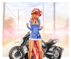 Size: 3072x2557 | Tagged: safe, alternate version, artist:slackerburst, sunset shimmer, anthro, equestria girls, g4, blushing, breasts, cleavage, clothes, high res, lidded eyes, looking at you, motorcycle, multiple variants, open clothes, open mouth, swimsuit