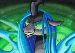 Size: 1732x1218 | Tagged: safe, artist:yoshiknight2, queen chrysalis, changeling, changeling queen, g4, evil grin, female, grin, mare, smiling