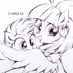 Size: 2304x2304 | Tagged: safe, artist:liaaqila, rainbow dash, windy whistles, pegasus, pony, g4, baby, baby dash, baby pony, biting, cute, dashabetes, female, high res, mare, monochrome, mother and child, mother and daughter, nom, open mouth, traditional art, wing bite, younger
