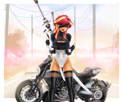 Size: 3072x2557 | Tagged: safe, alternate version, artist:slackerburst, sunset shimmer, equestria girls, g4, 2b, blindfold, blushing, breasts, cleavage, clothes, cosplay, costume, high res, motorcycle, multiple variants, nier: automata, noir, open mouth