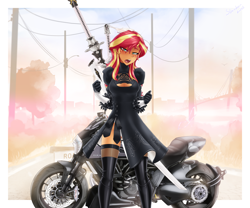 Size: 3072x2557 | Tagged: safe, alternate version, artist:slackerburst, sunset shimmer, equestria girls, g4, 2b, blushing, breasts, cleavage, clothes, cosplay, costume, high res, lidded eyes, looking at you, motorcycle, multiple variants, nier: automata, noir, open mouth