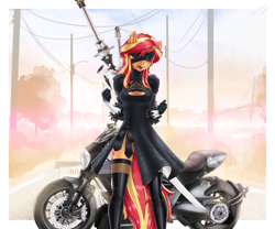 Size: 3072x2557 | Tagged: safe, alternate version, artist:slackerburst, sunset shimmer, anthro, equestria girls, g4, blindfold, breasts, cleavage, clothes, cosplay, costume, high res, latex, latex socks, motorcycle, multiple variants, nier: automata, open mouth, socks, stockings, sword, thigh highs, weapon