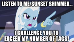 Size: 1280x720 | Tagged: safe, edit, edited screencap, screencap, trixie, equestria girls, g4, guitar centered, my little pony equestria girls: rainbow rocks, caption, image macro, imgflip, implied sunset shimmer, meme, text, trixie yells at everything