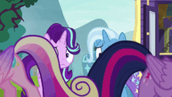 Size: 800x450 | Tagged: safe, screencap, princess cadance, starlight glimmer, trixie, twilight sparkle, alicorn, pony, unicorn, g4, road to friendship, animated, butt, butt shake, eyes on the prize, female, looking at butt, loop, mare, out of context, plot, sisters-in-law, sunshine sunshine, trixie's wagon, twilight sparkle (alicorn), wagon