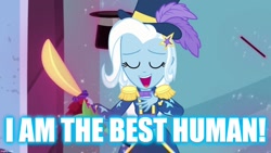 Size: 1280x720 | Tagged: safe, edit, edited screencap, screencap, trixie, equestria girls, g4, my little pony equestria girls: better together, street magic with trixie, best human, caption, image macro, implied sci-twi, magic, magician outfit, meme, sword, telekinesis, text, weapon