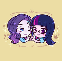 Size: 1013x1000 | Tagged: safe, artist:zide, rarity, twilight sparkle, equestria girls, g4, blushing, bust, chibi, cute, cutie mark, female, glasses, heart, heart hands, i can't believe it's not sci-twi, lesbian, looking at each other, one eye closed, raribetes, ship:rarilight, shipping, simple background, stars, twiabetes, twilight sparkle (alicorn), twilight's professional glasses, wink, yellow background