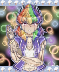 Size: 826x997 | Tagged: safe, artist:k.iko_yuu, rainbow dash, human, g4, abstract background, amputee, bust, clothes, female, humanized, prosthetic limb, prosthetics, solo