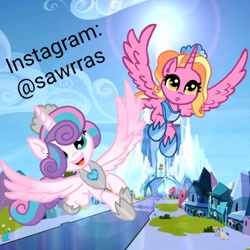 Size: 1028x1027 | Tagged: safe, artist:sawrras, luster dawn, princess flurry heart, alicorn, pony, g4, :d, :o, alicornified, crystal empire, duo, female, flying, hoof shoes, lustercorn, mare, older, older flurry heart, open mouth, peytral, race swap