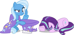 Size: 1855x887 | Tagged: safe, artist:8-notes, artist:cheezedoodle96, artist:crystalmagic6, artist:sketchmcreations, edit, editor:slayerbvc, starlight glimmer, trixie, pony, unicorn, g4, cape, clothes, confused, detachable horn, duo, earth pony trixie, female, hat, horn, magic trick, mare, modular, oops, out of trixie's hat, simple background, sitting, transparent background, trixie's cape, trixie's hat, whoops