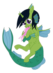 Size: 5994x8224 | Tagged: safe, artist:edhelistar, derpibooru exclusive, oc, oc only, oc:demon hellspawn, fish, half-pony, half-siren, hybrid, pony, absurd resolution, baby, blood, chewing, colored hooves, commission, cute, cute little fangs, eating, fangs, fins, fish tail, half-earth pony, holding, jewelry, looking at you, magical gay spawn, male, necklace, ocbetes, offspring, scales, simple background, solo, transparent background