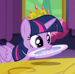 Size: 409x404 | Tagged: safe, edit, edited screencap, screencap, twilight sparkle, alicorn, pony, g4, no second prances, animated, cropped, crown, cute, female, jewelry, mare, meme, mouth hold, new crown, nom, plate, regalia, silly, smiling, solo, stabilized, table, triggered, twilight sparkle (alicorn), vibrating