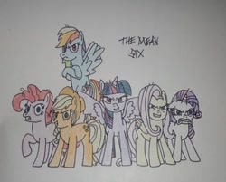Size: 518x417 | Tagged: safe, artist:agirlwholovesmlp, mean applejack, mean fluttershy, mean pinkie pie, mean rainbow dash, mean rarity, mean twilight sparkle, alicorn, earth pony, pegasus, pony, unicorn, g4, the mean 6, applejack's hat, clone, cowboy hat, female, hat, mare, mean six, simple background, text, traditional art, twilight sparkle (alicorn), white background