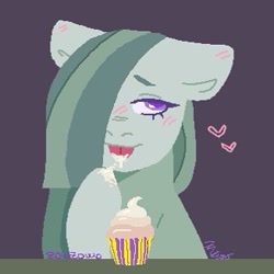 Size: 325x325 | Tagged: safe, artist:zowzowo, marble pie, earth pony, pony, g4, bust, cupcake, female, food, hair over one eye, heart, mare, solo