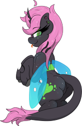 Size: 2164x3299 | Tagged: safe, artist:lunarcipher1, oc, oc only, oc:oculus, changeling, butt, fangs, female, green changeling, high res, insect wings, long mane, looking at you, plot, rear view, seductive, simple background, solo, tongue out, transparent background, wingding eyes, wings