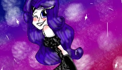 Size: 1037x594 | Tagged: safe, artist:alcmino_lover, rarity, equestria girls, g4, abstract background, clothes, dress, female, one eye closed, smiling, solo, wink